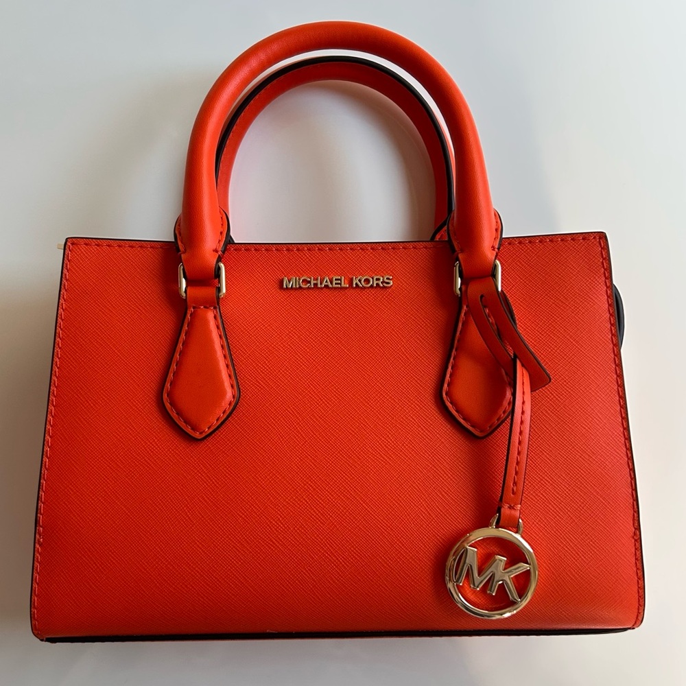 Michael Kors small satchel shoulder crossbody tote orange zipper side pockets